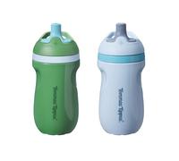 Tommee Tippee Insulated Sporty Spout Non-Spill Toddler Cup, 266ml, 12m+, Pack of 2, with Leak-Proof Valve and Handle, in Fun Bright Colours, Blue & Green
