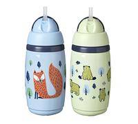 Tommee Tippee Insulated Straw Bottle, 266ml, for Toddlers 12m+, 2 Pack, Mint and Blue, Spill Proof Toddler Water Bottle, Flip Lid Helps Keep Straw Clean, Leak-Proof and BPA Free