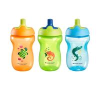Tommee Tippee Sport Sippy Bottle, Sippy Cup for Toddlers, 12 Months+, 10oz, Spill-Proof, Bite Resistant Spout, Easy to Hold Design, Pack of 3, Orange, Green and Blue