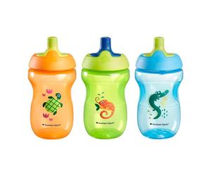 Tommee Tippee Sport Sippy Bottle, Sippy Cup for Toddlers, 12 Months+, 10oz, Spill-Proof, Bite Resistant Spout, Easy to Hold Design, Pack of 3, Orange, Green and Blue