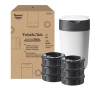 Tommee Tippee Twist and Click Nappy Bin Starter Set, 6x Refill Cassettes with Multilayer, Antibacterial Film, 100% Recycled Chassis, White (pack may