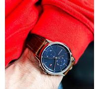 TOMMY HILFIGER 1710436 MEN'S WATCH BROWN STRAP BLUE DIAL SILVER CASE