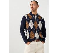 Tommy Hilfiger Argyle Long Sleeve Rugby Knitted Jumper, Navy, Size M, Men Navy
