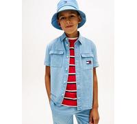 Tommy Hilfiger Boys Wavy Flag Herringbone Short Sleeve Shirt, Blue, Size 16 Years Blue