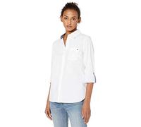 Tommy Hilfiger Button Collared Long Shirts for Women with Adjustable Sleeves, Bright White, M