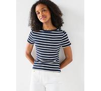 Tommy Hilfiger Gold Button Short Sleeve T-Shirt, Blue Stripe, Size M, Women Blue Stripe