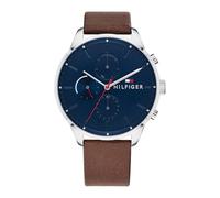 Tommy Hilfiger Men's Analogue Multifunction Quartz Watch - Brown Leather Strap, 44mm Navy Dial, 3-Hand Movement, Water Resistant 5ATM - 1791487