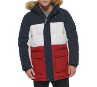 Tommy Hilfiger Men's Arctic Cloth Heavyweight Performance Parka Down Alternative Fur Lined Hood Outerwear Coat, Navy/White/Red, XXL