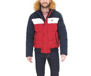 Tommy Hilfiger Men's Arctic Cloth Quilted Snorkel Bomber Jacket Parka, Navy/White/Red, XS