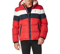 Tommy Hilfiger Men's Classic Hooded Puffer Jacket (Standard and Big & Tall) Down Alternative Outerwear Coat, Red/Ice/Navy Poly Tech, S