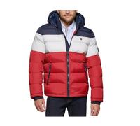Tommy Hilfiger Men's Classic Hooded Puffer Jacket (Regular and Big & Tall Sizes) Down Alternative Coat, Midnight/White/Red, XXL