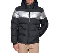 Tommy Hilfiger Men's Down Alternative Hooded Puffer Jacket (Standard and Big & Tall) Coat, Black Silver Stripe, XS