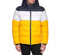 Tommy Hilfiger Men's Down Alternative Hooded Puffer Jacket (Standard and Big & Tall) Coat, Midnight/Ice/Yellow, XXL