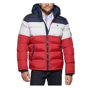 Tommy Hilfiger Men's Down Alternative Hooded Puffer Jacket (Standard and Big & Tall) Down Outerwear Coat, Midnight/White/Red, L