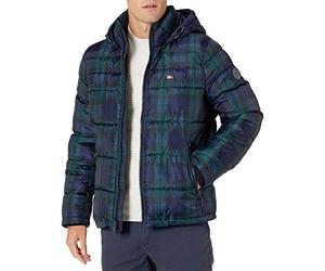 Tommy Hilfiger Men's Hooded Puffer Jacket Down Alternative Coat, Black Watch Plaid, M