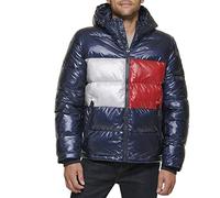 Tommy Hilfiger Men's Hooded Puffer Jacket (Standard and Big & Tall) Down Alternative Coat, Pearlized Navy Tommy Flag, M