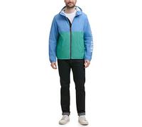 Tommy Hilfiger Men's Lightweight Active Water Resistant Hooded Rain Jacket, Pastel Blue/Green Colorblock, XL