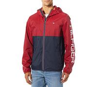 Tommy Hilfiger Men's Lightweight Active Water Resistant Hooded Rain Jacket, Red/Navy Colorblock, L
