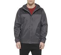 Tommy Hilfiger Men's Lightweight Breathable Waterproof Hooded Rain Jacket Raincoat, Black/Charcoal Colorblock, XS