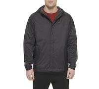 Tommy Hilfiger Men's Lightweight Breathable Waterproof Hooded Rain Jacket Raincoat, Black, L