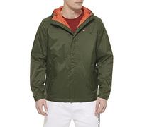 Tommy Hilfiger Men's Lightweight Breathable Waterproof Hooded Rain Jacket Raincoat, Olive, XL