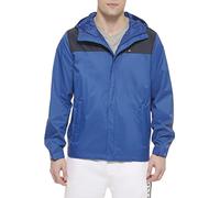 Tommy Hilfiger Men's Lightweight Breathable Waterproof Hooded Rain Jacket Raincoat, Royal Blue/Navy Colorblock, M