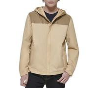 Tommy Hilfiger Men's Lightweight Breathable Waterproof Hooded Rain Jacket Raincoat, Tan/Khaki Colorblock, M