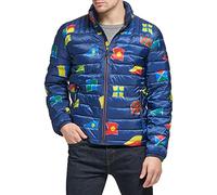 Tommy Hilfiger Men's Lightweight Down Alternative Packable Puffer Jacket Coat, Navy Flag Print, L