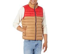Tommy Hilfiger Men's Lightweight Packable Puffer Vest Jacket, Khaki/Red Colorblock, L
