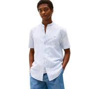 Tommy Hilfiger Men's Linen Blend Grandad Collar Shirt, Multicolor (Breezy Blue/White), M