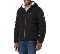 Tommy Hilfiger Men's Midweight Sherpa Lined Hooded Water Resistant Puffer Jacket, Black Tech, XL