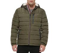 Tommy Hilfiger Men's Midweight Sherpa Lined Hooded Water Resistant Puffer Jacket Coat, Olive Tech, L