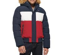Tommy Hilfiger Men's Quilted Arctic Cloth Snap Front Snorkel Bomber Jacket Parka, Midnight/Ice/Red, L
