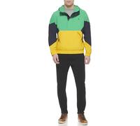 Tommy Hilfiger Men's Retro Lightweight Taslan Hooded Popover Water Resistant Windbreaker Jacket, Aqua Green/Navy/Yellow, L