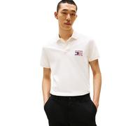 Tommy Hilfiger Men's Short Sleeve Polo Shirts in Regular Fit with Stretch and Organic Pique Cotton, Ivory Petal/Flag Embroidered, Medium