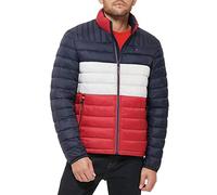 Tommy Hilfiger Men's Water Resistant Ultra Loft Down Alternative Puffer Jacket Coat, Midnight/Ice/Red Colorblock, XL