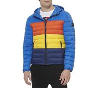 Tommy Hilfiger Men's Water Resistant Ultra Loft Filled Hooded Puffer Jacket Down Alternative Coat, Blue Multi Colorblock, L