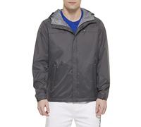 Tommy Hilfiger Men's Lightweight Breathable Waterproof Hooded Jacket Raincoat, Charcoal, L