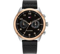 Tommy Hilfiger Patrick 1791786 Men's Dual-Time Watch - 44mm Black Dial Leather Strap