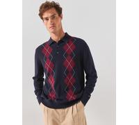 Tommy Hilfiger Placed Argyle Longsleeve Knitted Polo Shirt, Navy, Size S, Men Navy
