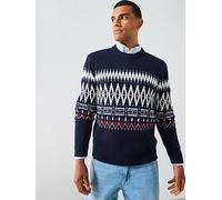 Tommy Hilfiger Placed Fairisle Wool Blend Crew Knitted Jumper, Navy, Size 2Xl, Men Navy