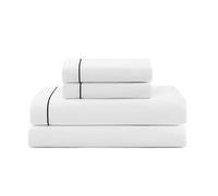 Tommy Hilfiger - Sheet Set, Cotton Percale Bedding with Matching Pillowcase, Crisp & Cool, Solid Design with Hem Stripe (White/Navy, Twin)