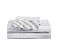 Tommy Hilfiger - Sheet Set Cotton Percale Bedding with Matching Pillowcases Crisp & Cool Premium Quality Home Essentials (Monogram Stripe Navy Que