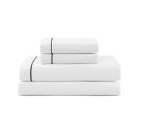 Tommy Hilfiger - Sheet Set Cotton Percale Bedding with Matching Pillowcases Crisp & Cool Solid Design with Hem Stripe (White/Navy Queen)