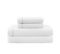 Tommy Hilfiger - Sheet Set Cotton Percale Bedding with Matching Pillowcases Crisp & Cool Solid Design with Hem Stripe (White/Blue Full)
