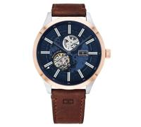 Tommy Hilfiger Spencer 1791642 Men's Automatic Watch - 44mm Blue Skeleton Dial Brown Leather Strap