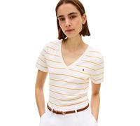 Tommy Hilfiger Women’s Short Sleeve T-Shirt New Slim Cody V-Neck, Multicolor (Fine STP Ecru/Orange Flash), XS