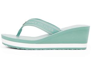 Tommy Hilfiger Women’s Stripe Flip Flops with Wedge Heel, Turquoise (Charming Green), 6