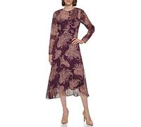 TOMMY HILFIGER Women's Button Neck Midi Dress, Aubergine/Ivory, 14