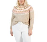 Tommy Hilfiger Women's Fairisle Long Sleeve Crewneck Sportswear Sweater, Light Heather Fawn, 2X